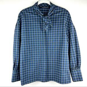 Zara Blue Plaid Window Pane Button Up Shirt XS Neck Tie Retro Preppy